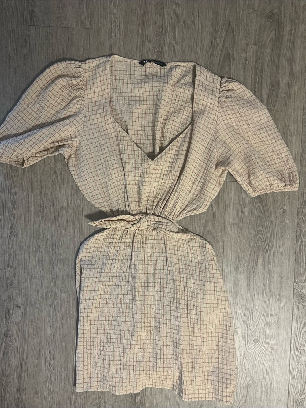 Zara Cream Check High-Low Puff Sleeve Backless Cut Out Dress - Picture 4 of 8